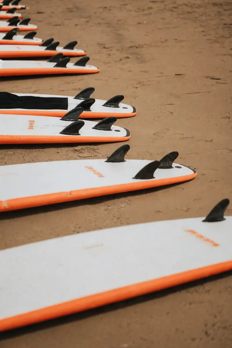 Surfboards lined up on the sand at the beach in Tamraght